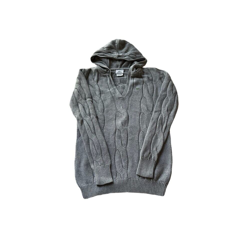 Lacoste Cableknit Sweater Hood Size 40 Gray V Neck Wool Blend Preppy Logo